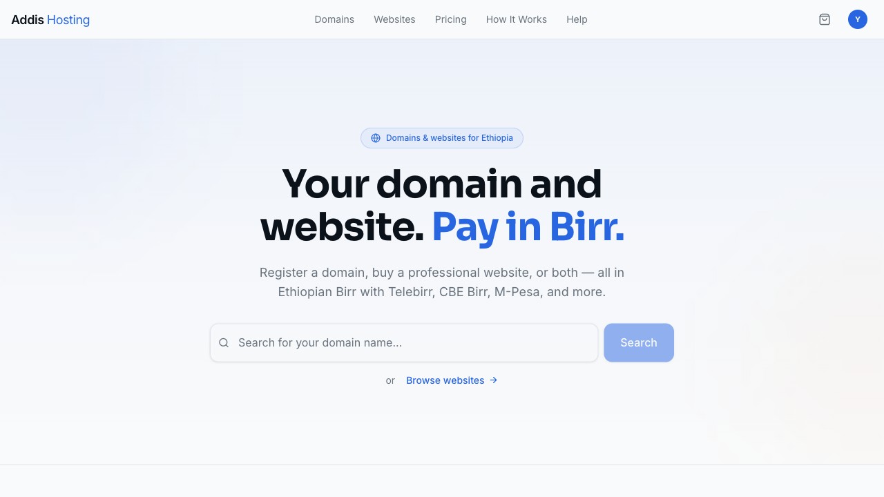 Addis Hosting homepage — domain search and website browsing