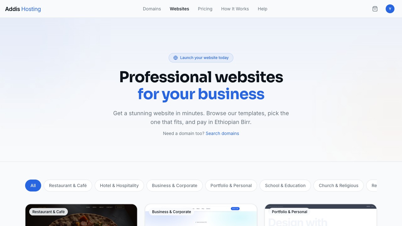 Addis Hosting website template catalog
