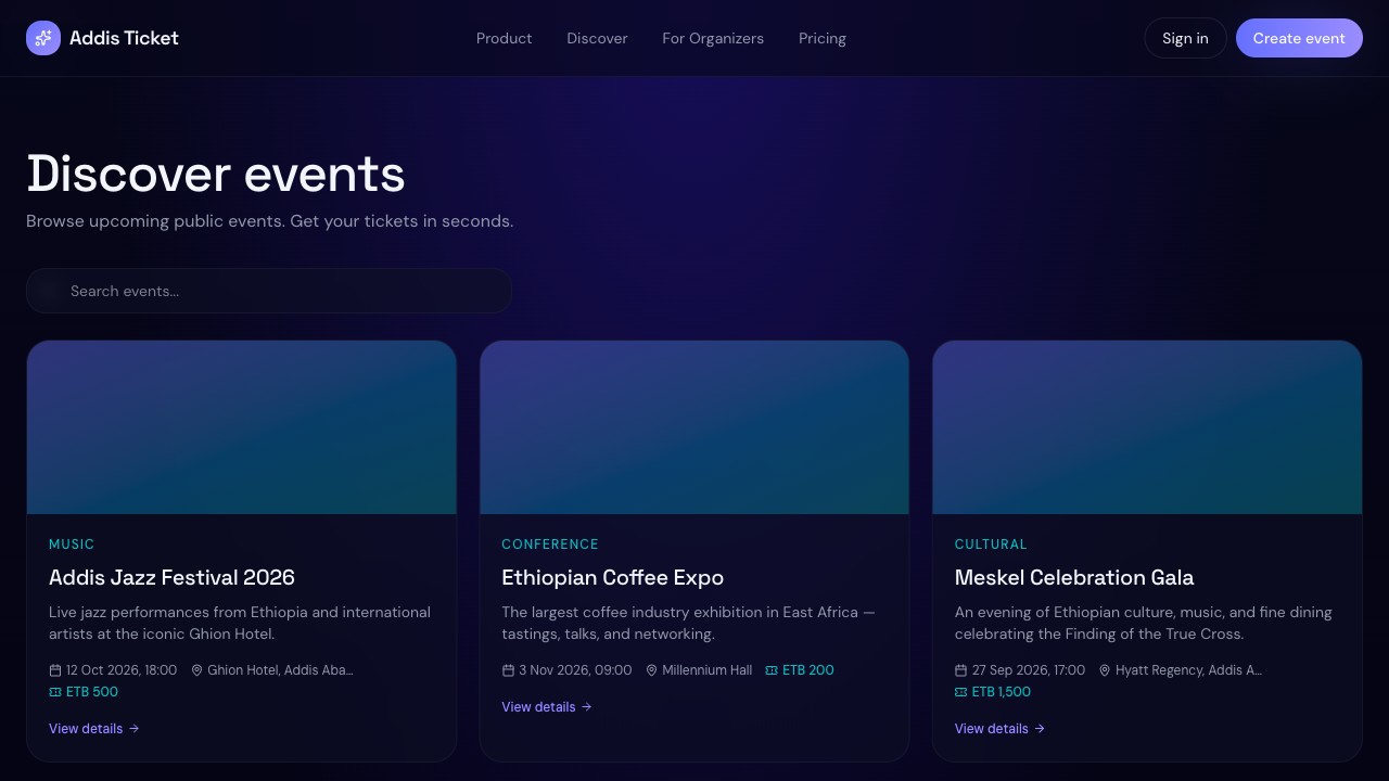 Addis Ticket events listing page