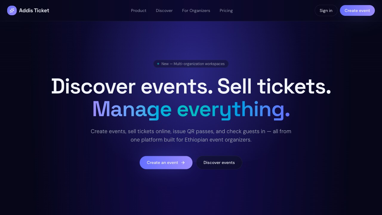 Addis Ticket homepage — event discovery and ticketing